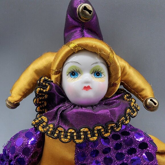 Vintage Porcelain Clown Doll Jester Mardi Gras Harlequin 8" Purple Gold - Picture 2 of 6
